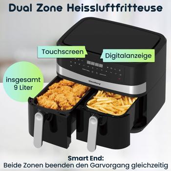 Preview: Dual Zone Heissluftfritteuse mit Doppelkorb, 9 Liter, 2400W, schwarz, Digitales Touch Display, Smart End, Air Fryer zum Backen, Grillen, Braten Preview: Dual Zone Heissluftfritteuse mit Doppelkorb, 9 Liter, 2400W, schwarz, Digitales Touch Display, Smart End, Air Fryer zum Backen, Grillen, Braten
