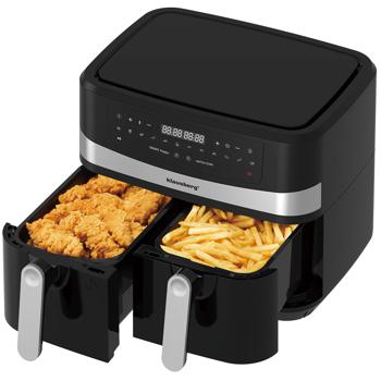 Dual Zone Hot Air Fryer with double basket, 9 liters, 2400W, black, Digital Touch Display, Smart End, Air Fryer for baking, grilling, roasting