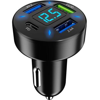 Preview: caricatore USB per auto a 4 porte, indicatore di tensione, (50 watt), 1x USB-C PD e 3x USB-A QC, spina per caricatore rapido per accendisigari per auto