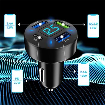 Preview: caricatore USB per auto a 4 porte, indicatore di tensione, (50 watt), 1x USB-C PD e 3x USB-A QC, spina per caricatore rapido per accendisigari per auto