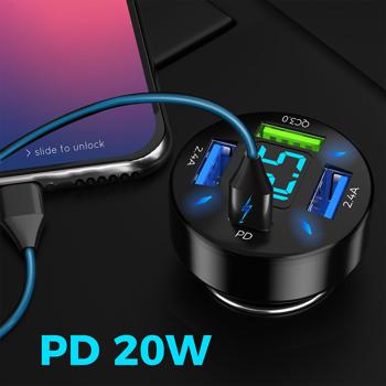 Preview: Illuminated 4-port car USB charger, (50 watts), matt black, voltage display, 1x USB-C & 3x USB-A, car cigarette lighter fast charge plug