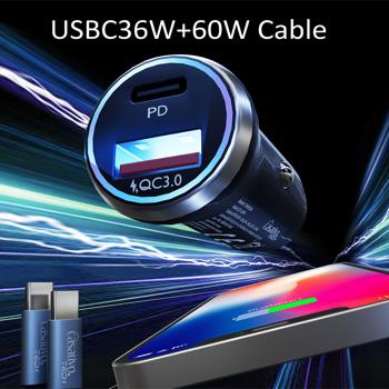 Preview: Potente alimentatore USB per auto (54 watt) con cavo di ricarica, USB-C PD e USB-A QC, doppia spina di ricarica rapida da 12 V per auto, ricarica rapida in viaggio