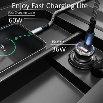 Preview: Potente alimentatore USB per auto (54 watt) con cavo di ricarica, USB-C PD e USB-A QC, doppia spina di ricarica rapida da 12 V per auto, ricarica rapida in viaggio