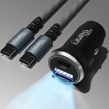 Preview: Powerful car USB power adapter, (54 watts) incl. charging cable, USB-C PD & USB-A QC, dual car 12 V quick-charging plug, fast charging on the go