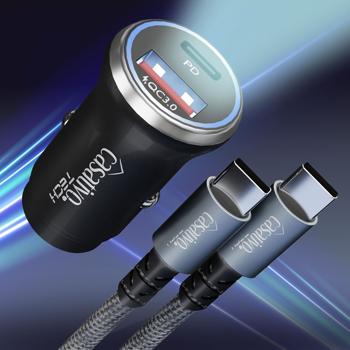 Powerful car USB power adapter, (54 watts) incl. charging cable, USB-C PD & USB-A QC, dual car 12 V quick-charging plug, fast charging on the go