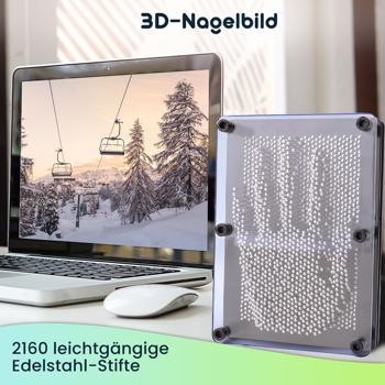 Preview: Kreatives 3D Nagelbild für Handabdrücke, 18x13cm – 3D Pin-Art-Spielzeug mit 2160 Metallstiften, schwarz/silber, immer wieder verwendbar