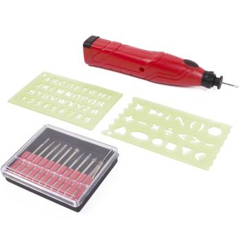 Preview: Gravurset 13-teilig - 13.000 U/min für präzise Gravuren - inkl. 10 Aufsätze, 2 Schablonen & Aufbewahrungsbox - für Holz, Keramik, Glas, Leder, Metall