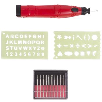 Preview: Gravurset 13-teilig - 13.000 U/min für präzise Gravuren - inkl. 10 Aufsätze, 2 Schablonen & Aufbewahrungsbox - für Holz, Keramik, Glas, Leder, Metall