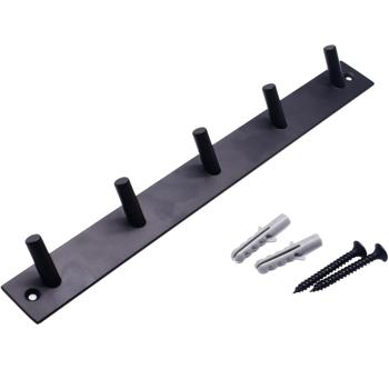 Preview: 2er-Set Garderobenleiste aus Stahl mit 5 Haken - Wandmontage, inkl. Schrauben/Dübel - Schwarz, 31.8x3.6x3.1cm - Für Flur, Schlafzimmer, Bad