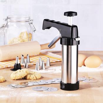 Preview: Pressa per biscotti e siringa per decorare di alta qualità in design argento/nero, acciaio inox, 13 dischi e 8 beccucci: per un‘arte di pasticceria con stile