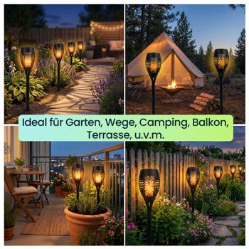 Preview: 8er-Set LED-Solar-Gartenfackeln mit Flammen-Effekt (H 78cm): Akku, realistisch & wetterfest - Fur romantisches Ambiente im Garten & Balkon