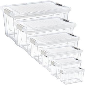 Set di 6 scatole dispensa trasparenti (1,25–30 L): robuste scatole di conservazione e contenitori per alimenti con coperchio per casa, ordine, cucina e scorte
