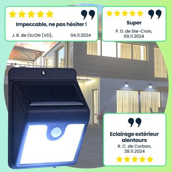 Preview: Projecteur extérieur LED solaire - Détecteur mouvement, Veilleuse - Éclairage jardin/terrasse, IP44, 50 lumens, Batterie 1200 mAh, 80h autonomie