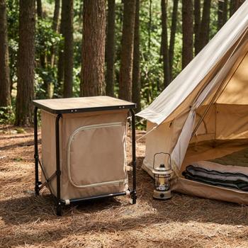 Preview: Camping Faltschrank, beige-schwarz, Camping-Küchenbox, mehr Ordnung & Stauraum, ideal für Camping, Outdoor & Reisen