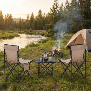Preview: Klappbares Campingstuhl- & Tischset, 2 Stühle + Tisch, beige-schwarz inkl. Transport-Tasche für Picknick, Strand, Balkon, mobil & platzsparend