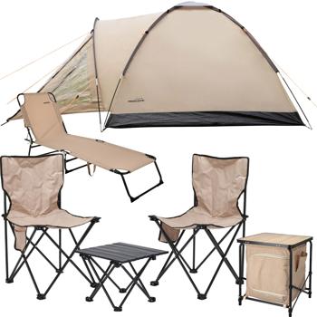 Ultimatives Camping-Starter-Set: Faltschrank, Tisch-Stuhl-Set, Iglu-Zelt für 2-3 Personen und Sonnenliege. Perfekt für Outdoor-Abenteuer