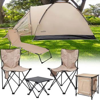 Ultimatives Camping-Starter-Set mit Zelt, Faltschrank, Tisch-Stuhl-Set & Sonnenliege – Komplettset für 2-3 Personen, sandfarben