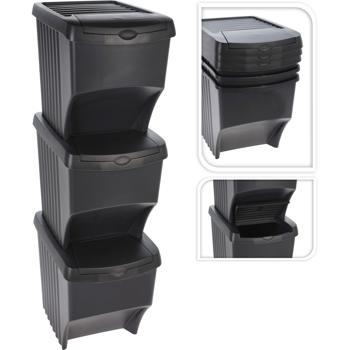 Preview: Poubelle de tri 3x22L empilable - Recyclage optimal à domicile/bureau - Noire, 90% matériaux recyclés, 4 étiquettes incluses