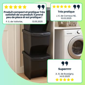 Preview: Poubelle de tri 3x22L empilable - Recyclage optimal à domicile/bureau - Noire, 90% matériaux recyclés, 4 étiquettes incluses