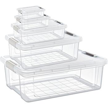 Set di contenitori per conservazione e dispensa, 5 pezzi, in plastica trasparente, contenitori con coperchio e 2 chiusure a clip da 0,8 l a 20 l