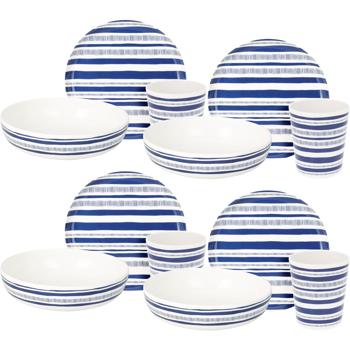 Preview: Set de vaisselle de camping mélaminé 12 pièces - Incassable, facile entretien - Bleu/blanc, 4 personnes, Ø25cm, 450ml, 1250ml