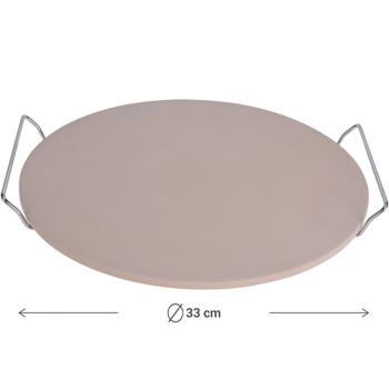 Preview: Robuster Pizzastein, Ø 33 cm, aus Petuntse, Feldspat & Ton, Metallhalter – bis 300 Grad, für knusprige Pizza und Flammkuchen