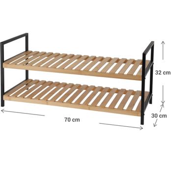 Preview: Étagère à chaussures robuste en métal & bambou : 2 étagères, 70x30x32cm -Construction stable, matériaux durables, montage facile, solution peu encombrante