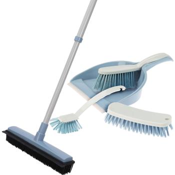 Cleaning set with telescopic rod, scrubbing brush & squeegee - Perfect for bath, shower, balcony, effortless use