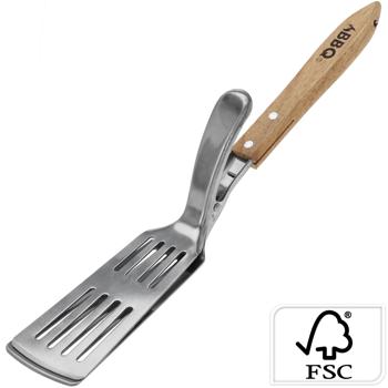 Preview: Practical 2in1 stainless steel grill turner with wooden handle & integrated gripper, safe & precise turning, for grill masters & hobby chefs