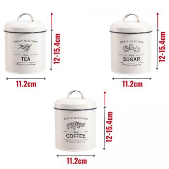 Preview: Decorative vintage storage container set: white bread box, coffee tin, sugar bowl, tea caddy with print, for nostalgic & stylish storage