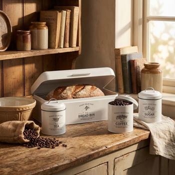 Dekoratives Vintage-Vorratsbehälter-Set: Weisse Brotbox, Kaffeedose, Zuckerdose, Teedose mit Aufdruck, für nostalgische & stilvolle Aufbewahrung