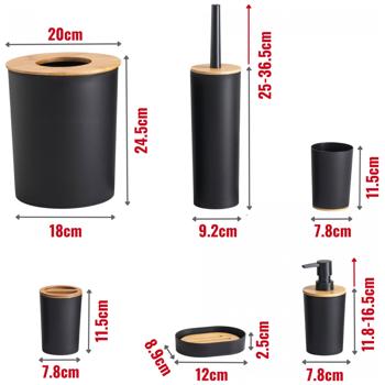 Preview: Set de Salle de Bain 6 Pièces Luxe - Noir Mat Élégant avec Bambou - Distributeur Savon-Porte Brosse WC-Gobelets-Porte Savon-Seau Cosmétiques