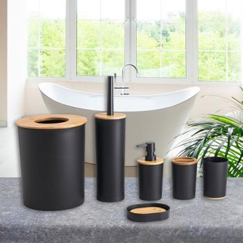 Preview: Set de Salle de Bain 6 Pièces Luxe - Noir Mat Élégant avec Bambou - Distributeur Savon-Porte Brosse WC-Gobelets-Porte Savon-Seau Cosmétiques