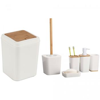 Preview: 6-tlg. Badezimmer Zubehör Set: weiss/Bambus, Zahnputzbecher, Seifenspender & mehr - Komplettes Bad-Set – Stilvoll, Praktisch & natürlich Schön