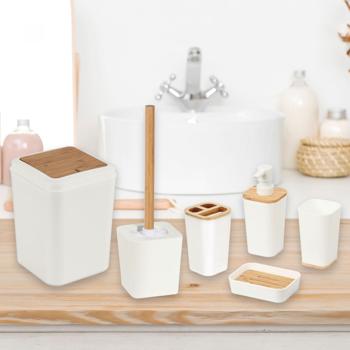 Preview: 6-tlg. Badezimmer Zubehör Set: weiss/Bambus, Zahnputzbecher, Seifenspender & mehr - Komplettes Bad-Set – Stilvoll, Praktisch & natürlich Schön