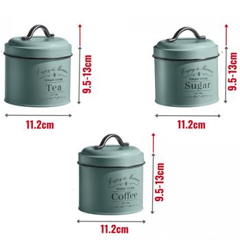 Preview: Set 4 Récipients Provisions Vintage Vert - Boîte à Pain, Café, Sucre, Thé - Couvercles Hermétiques, Poignées - Acier Galvanisé Alimentaire - 18x34x15cm