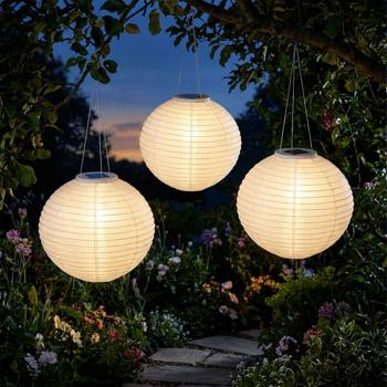 3er-Set Solar LED Lampion mit Dämmerungssensor, weiss, Ø 28 cm: Automatische Gartenleuchte, dekorativ & einfach aufzuhängen