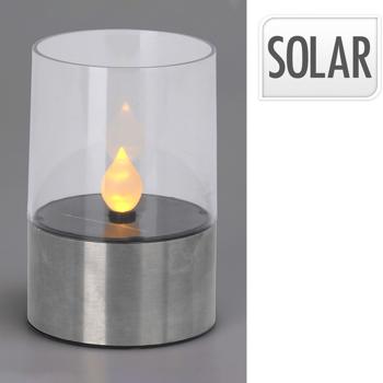 Preview: Lampe-bougie Solaire - Effet Flamme Vacillante - Socle Inox, Lumière Blanc Chaud, Panneau Intégré, Autonomie 8h - IP44, Ø7.5xH11.3cm