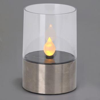 Preview: Lampe-bougie Solaire - Effet Flamme Vacillante - Socle Inox, Lumière Blanc Chaud, Panneau Intégré, Autonomie 8h - IP44, Ø7.5xH11.3cm
