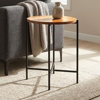 Vielseitiger Beistelltisch mit Akazienholzplatte, rund, schwarz, Ø40 x H48 cm, für Wohnzimmer, Balkon & Schlafzimmer