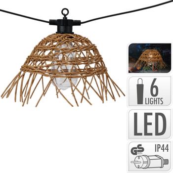 Preview: Suggestivi fari retrò con 6 paralumi in rattan da 5,5 m - calda illuminazione a LED per balconi, patii e serate accoglienti