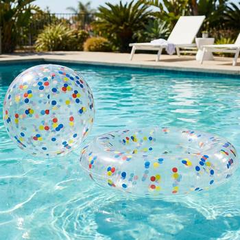 2-teiliges Pool-Set mit bunten Punkten: Aufblasbarer Schwimmring Ø 105 cm und Strandball Ø 50 cm - Halbdurchsichtiges Design für Strand & Urlaub