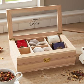 Wooden tea bag box with 6 compartments and transparent lid
