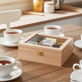 Preview: Wooden tea bag box with 6 compartments and transparent lid