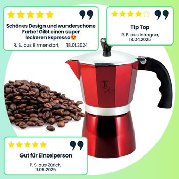 Preview: Eleganter Design Espressokocher: 3 Portionen, rot-Metallic – Stilvoller Kaffeegenuss, für aromatischen Espresso wie vom Barista