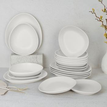 Preview: Set de vaisselle en faïence 18 pcs - Crème mat pour 6 personnes - Assiettes plates, dessert, bols - Design moderne, micro-ondes/lave-vaisselle