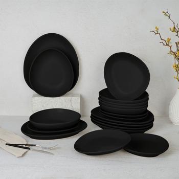 Preview: 18-piece stoneware dinnerware set, matt black, 6 persons: Dinner plates, dessert plates, bowls, elegant design for stylish meals, modern and elegant
