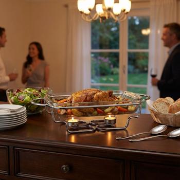 Preview: Premium Edelstahl Speisewärmer, 3 Liter, mit transparentem Glasdeckel: Ofenfest, inkl. Ständer und Teelichter, ideal für warme Buffets