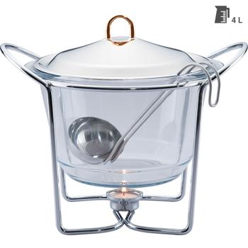 Preview: Premium Edelstahl und Glas Suppenwärmer, 4 Liter Behälter, transparent mit Glasdeckel: Ofenfest, inkl. Ständer und Teelichter, ideal für warme Buffets