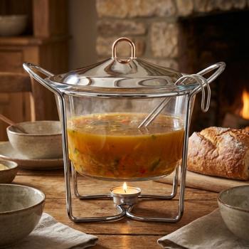 Premium Edelstahl und Glas Suppenwärmer, 4 Liter Behälter, transparent mit Glasdeckel: Ofenfest, inkl. Ständer und Teelichter, ideal für warme Buffets